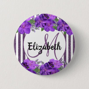 Purpurblüten Weißer Glitzer Streifen Monogramm Nam Button