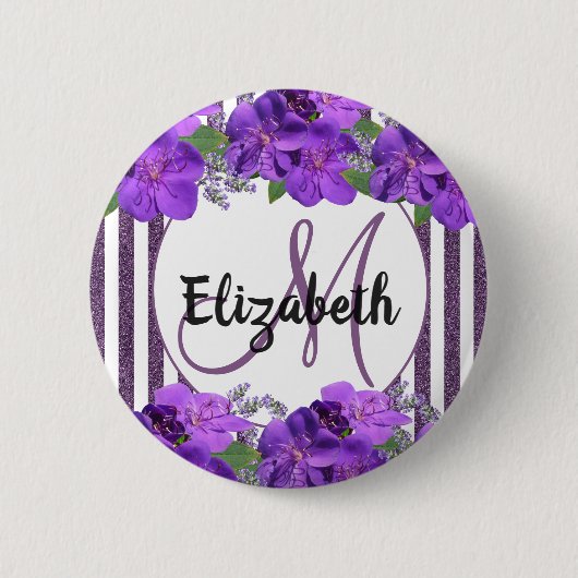 Purpurblüten Weißer Glitzer Streifen Monogramm Nam Button (Vorderseite)