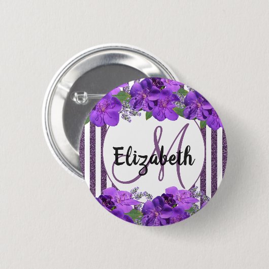 Purpurblüten Weißer Glitzer Streifen Monogramm Nam Button (Vorne & Hinten)