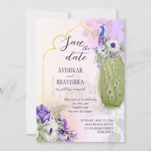Purpurblütenpfau Save the Date Einladung (Vorderseite)