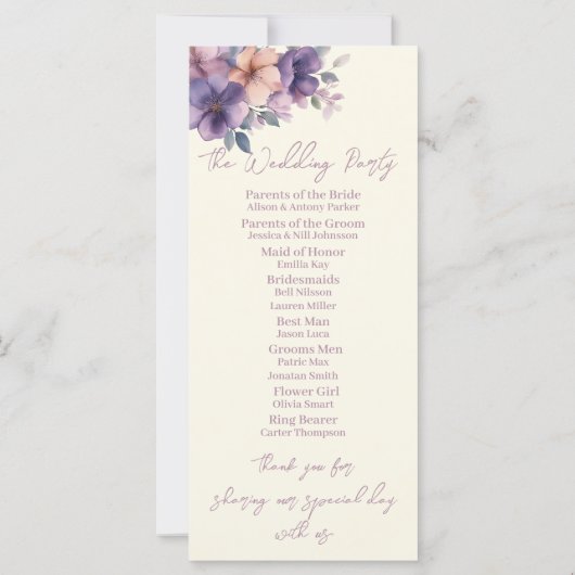 Purpurfarbene, rosa Blume zum Hochzeitsprogramm (Rückseite)