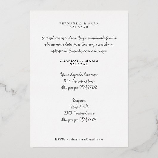 Purpurina Oro Rosa Tendencia XV Español Foto Folieneinladung (Rückseite)