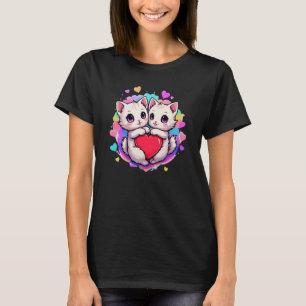 Purpurrote Liebe: Kawaii Couple Cats mit Herz T-Shirt