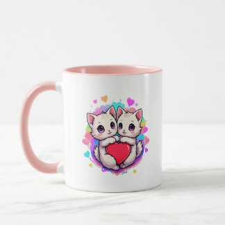 Purpurrote Liebe: Kawaii Couple Cats mit Herz Tasse