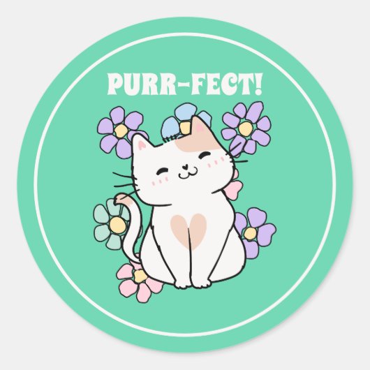 PURR-FECT! Lächeln Katze mit Blume Runder Aufkleber (Vorderseite)