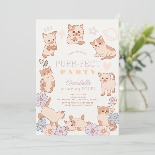 Purr-fect Party Niedliche Katzen Blumenmädchen Geb Einladung (Stehend Vorderseite)