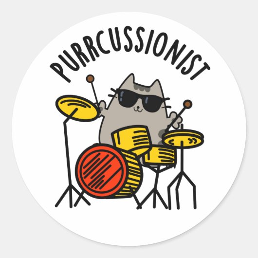Purr-Kussionist Funny Drummer Cat Pun Runder Aufkleber (Vorderseite)
