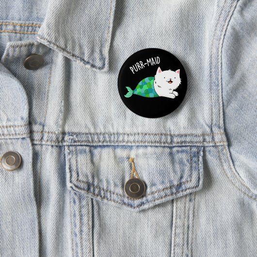 Purr maid Funny Kitty Cat Mermaid Pun Dark BG Button (Beispiel)