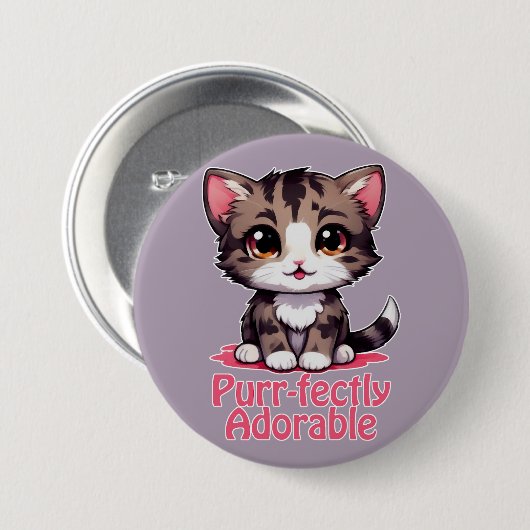 Purr-süßer Chibi Kawaii Kitten in Pink Button (Vorne & Hinten)