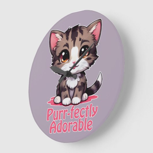 Purr-süßer Chibi Kawaii Kitten in Pink Große Wanduhr (Winkel)
