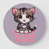 Purr-süßer Chibi Kawaii Kitten in Pink Große Wanduhr (Vorderseite)