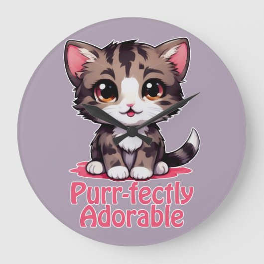 Purr-süßer Chibi Kawaii Kitten in Pink Große Wanduhr (Vorderseite)