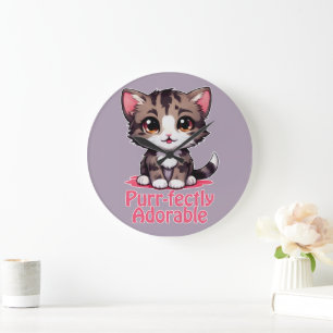 Purr-süßer Chibi Kawaii Kitten in Pink Große Wanduhr