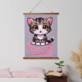 Purr-süßer Chibi Kawaii Kitten in Pink Wandteppich Mit Holzrahmen