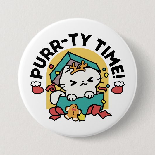 Purr-ty-Time! - Weihnachtsdesign für die Katze Button (Vorderseite)