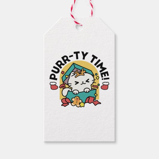 Purr-ty-Time! - Weihnachtsdesign für die Katze Geschenkanhänger (Vorderseite)