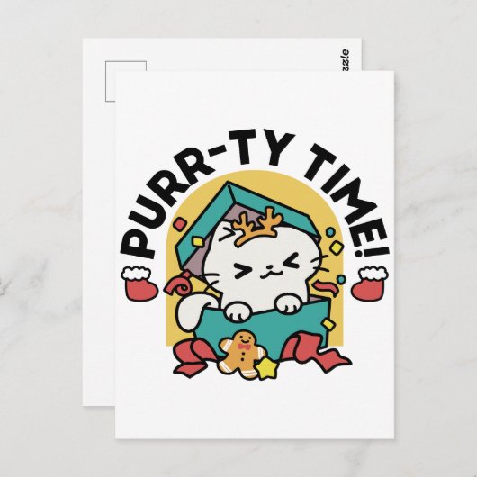 Purr-ty-Time! - Weihnachtsdesign für die Katze Postkarte (Vorne/Hinten)