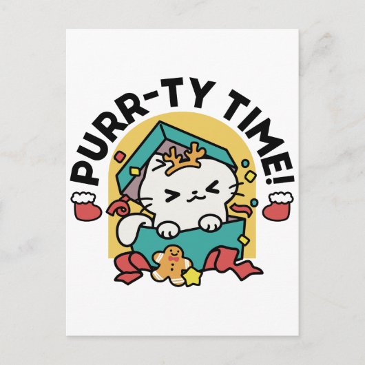 Purr-ty-Time! - Weihnachtsdesign für die Katze Postkarte (Vorderseite)