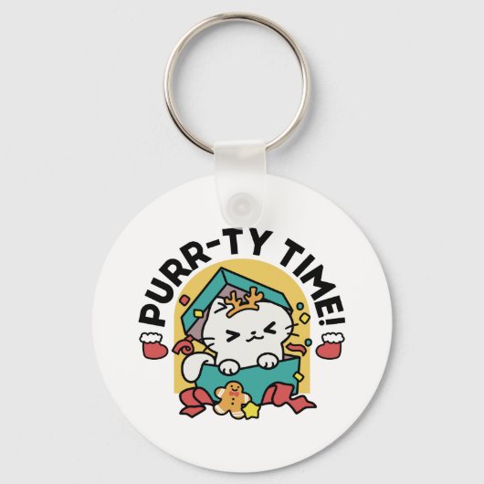 Purr-ty-Time! - Weihnachtsdesign für die Katze Schlüsselanhänger (Vorderseite)