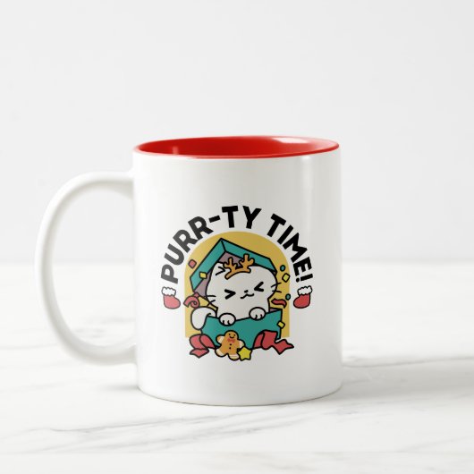 Purr-ty-Time! - Weihnachtsdesign für die Katze Zweifarbige Tasse (Links)