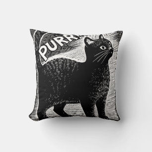PURR! Vintage schwarze Katze im Holzschnitt-Stil Kissen