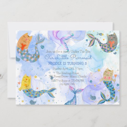Purramaid Katze Meerjungfrau Mädchen Geburtstag Einladung (Vorderseite)
