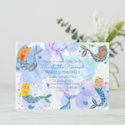 Purramaid Katze Meerjungfrau Mädchen Geburtstag Einladung (Stehend Vorderseite)