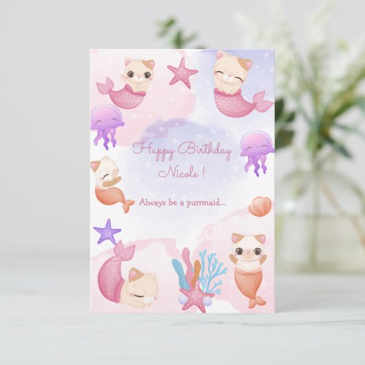 Purramaid Katzenjungfrau niedliche Mädchen Geburts Karte (Stehend Vorderseite)