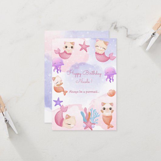 Purramaid Katzenjungfrau niedliche Mädchen Geburts Karte (Vorderseite/Rückseite Beispiel)