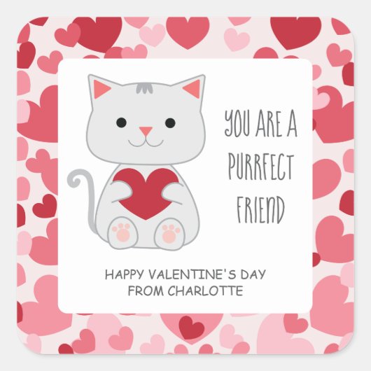 Purrfect Friend Cat Classroom Valentine Quadratischer Aufkleber (Vorderseite)