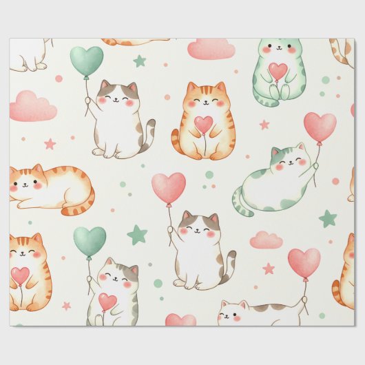 Purrfect Love Parade – Cats & Heart Balloons Geschenkpapier (Flach)