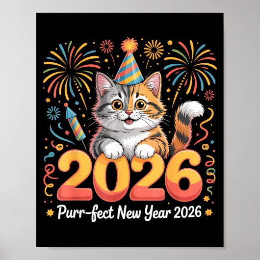 Purrfect New Year 2026 Cute Cat Fireworks Celebrat Poster (Vorne)