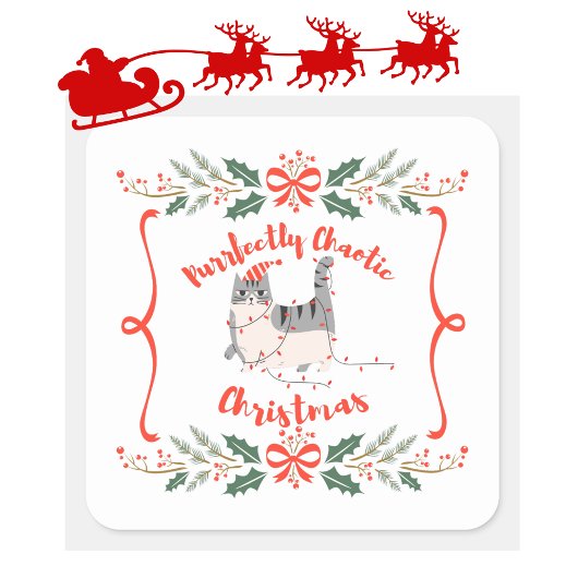 Purrfectly Chaotic Christmas Funny Holiday Cat Quadratischer Aufkleber