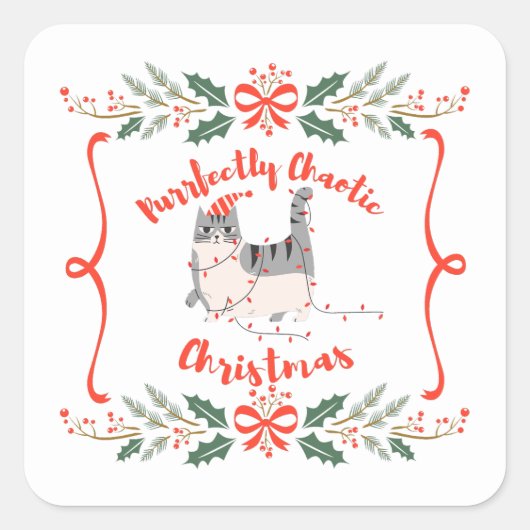 Purrfectly Chaotic Christmas Funny Holiday Cat  Quadratischer Aufkleber (Vorderseite)