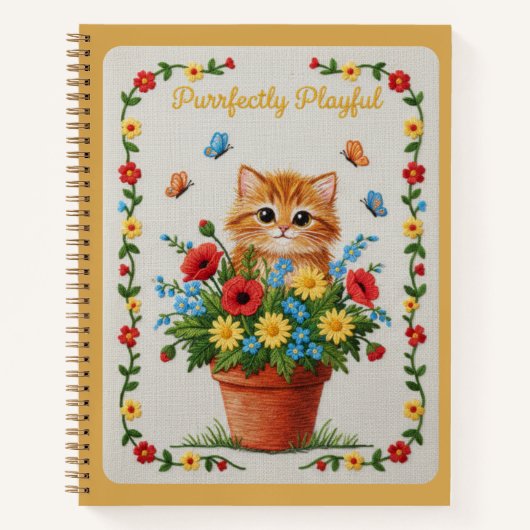 Purrfectly Playful Embroidered Kitten Poppies Notizblock (Vorderseite)