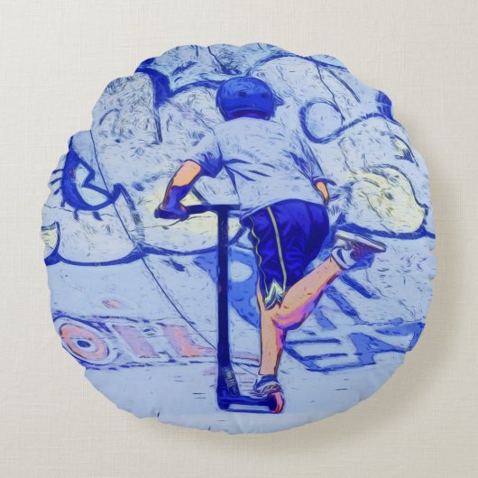 Pushin' It - Stunt Scooter Rider Rundes Kissen (Vorderseite)