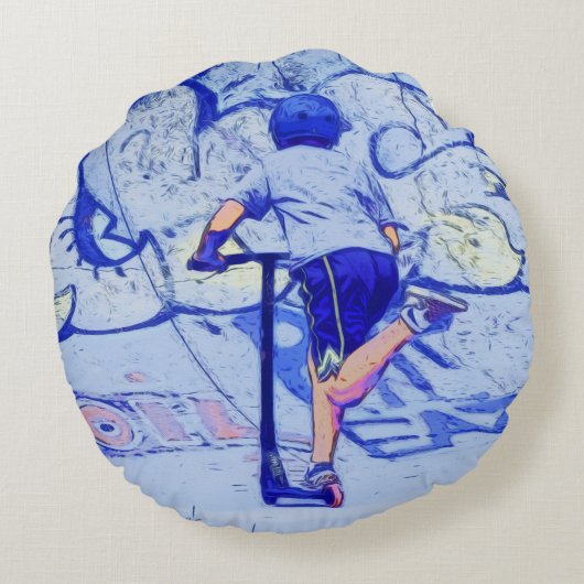 Pushin' It - Stunt Scooter Rider Rundes Kissen (Rückseite)