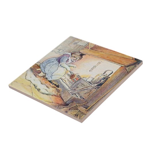 Pussy-Katze sitzt durch das Feuer Fliese (Seite)