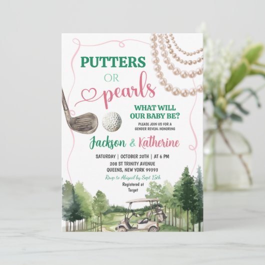 Putters oder Pearls Golf Baby Gender Reveal Einladung (Stehend Vorderseite)