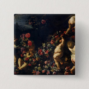 Putti, das mit Girlanden der Blumen spielt Button