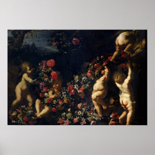 Putti, das mit Girlanden der Blumen spielt Poster