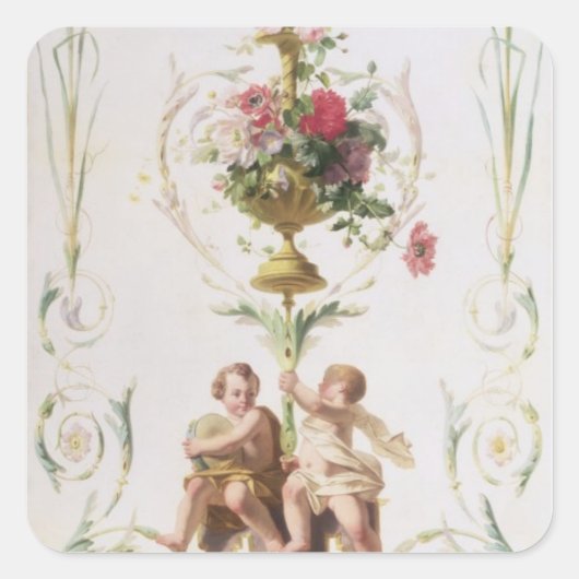 Putti inmitten von Schwankungen von Blume und Blät Quadratischer Aufkleber (Vorderseite)