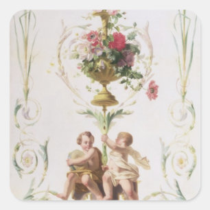 Putti inmitten von Schwankungen von Blume und Blät Quadratischer Aufkleber