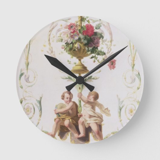 Putti inmitten von Schwankungen von Blume und Blät Runde Wanduhr (Vorderseite)