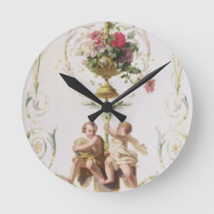 Putti inmitten von Schwankungen von Blume und Blät Runde Wanduhr