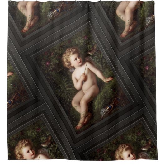 Putto Füttre eine Erdbeere zu einem Vogel Duschvorhang (Vorderseite)