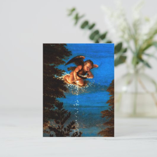 Putto in blauer Himmel verströmt eine Kaskade weiß Postkarte (Stehend Vorderseite)