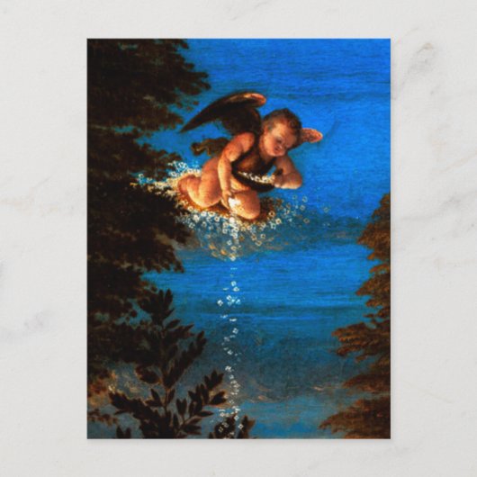 Putto in blauer Himmel verströmt eine Kaskade weiß Postkarte (Vorderseite)