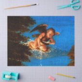 Putto in blauer Himmel verströmt eine Kaskade weiß Seidenpapier (Basteln)