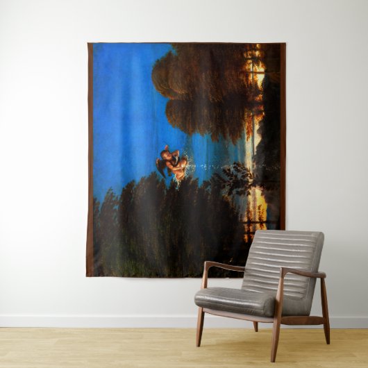 Putto in blauer Himmel verströmt eine Kaskade weiß Wandteppich (Beispiel)